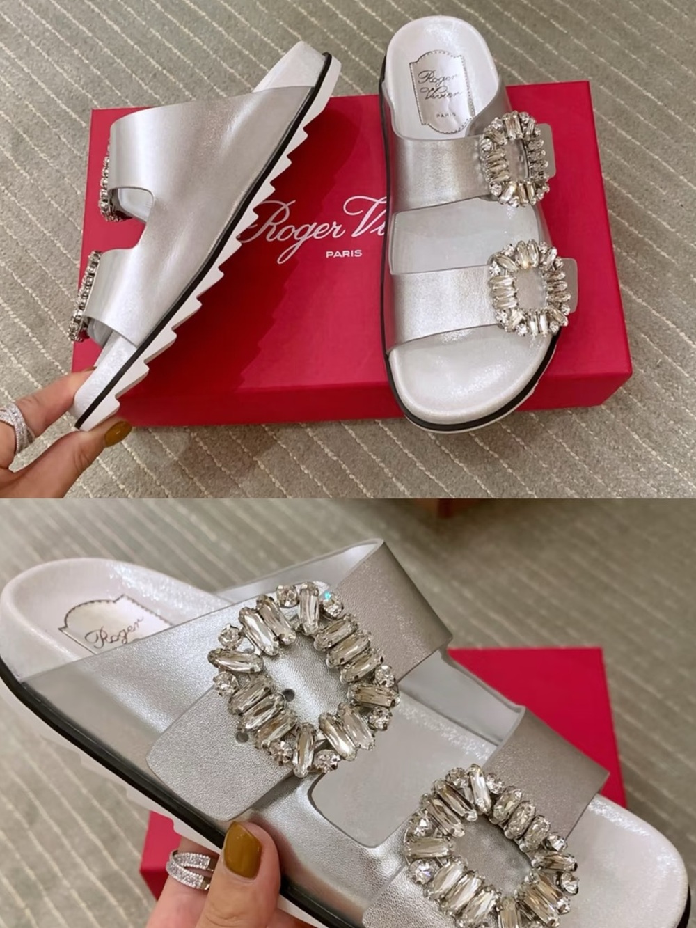 Roger Vivier Silver Crystal-Buckle Double Strap Mules